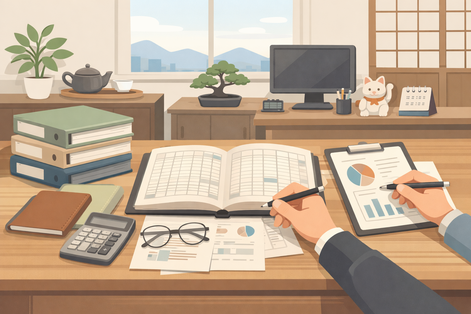 税務調査の流れをイメージした、書類を確認するオフィスのイラスト