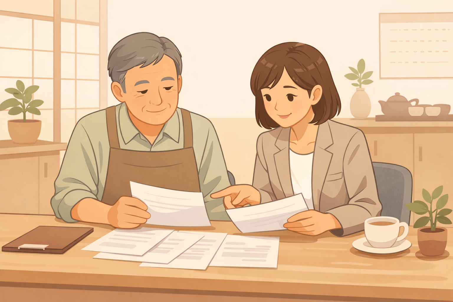 税務調査後の書類確認と協議を行う事業者と専門家のイメージ