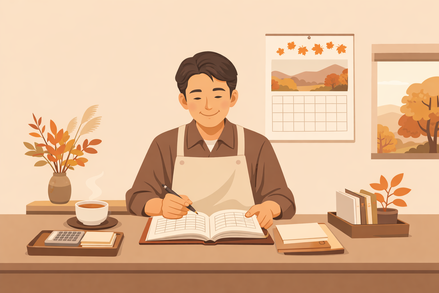 秋の税務調査シーズンに備えて帳簿と資料を整理する事業者のイメージ