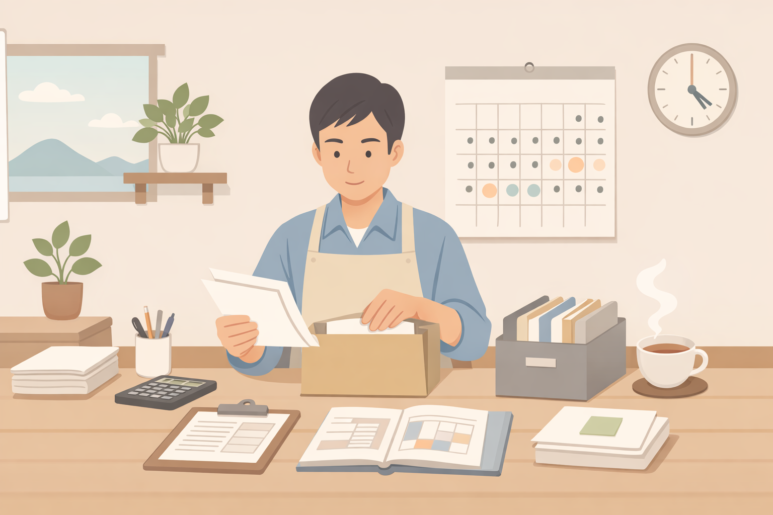 期限内の申告に向けて書類とカレンダーを整理する個人事業主のイメージ