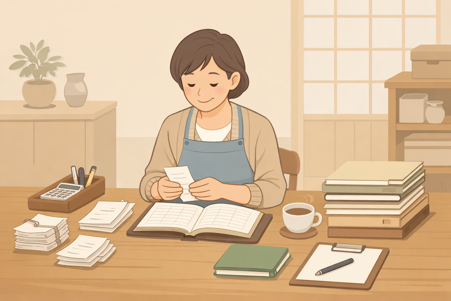 帳簿や領収書を整理して税務調査に備える事業者のイメージ