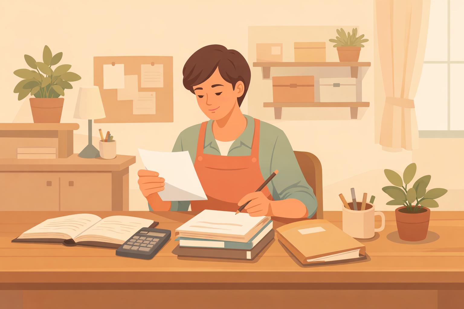 事業税の申告書や帳簿を確認する個人事業主のイメージ