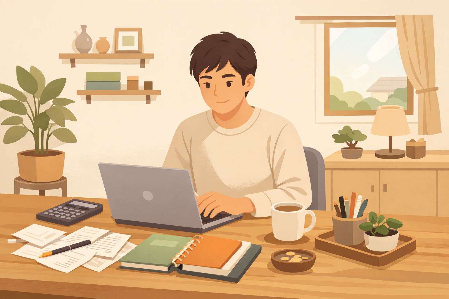自宅の仕事机で帳簿と領収書を整理する個人事業主のイメージ